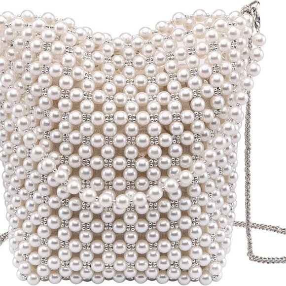 White Pearl Purse Crossbody Bag for Women Shoulder Handbag Beaded Clutch Evening - Picture 1 of 9